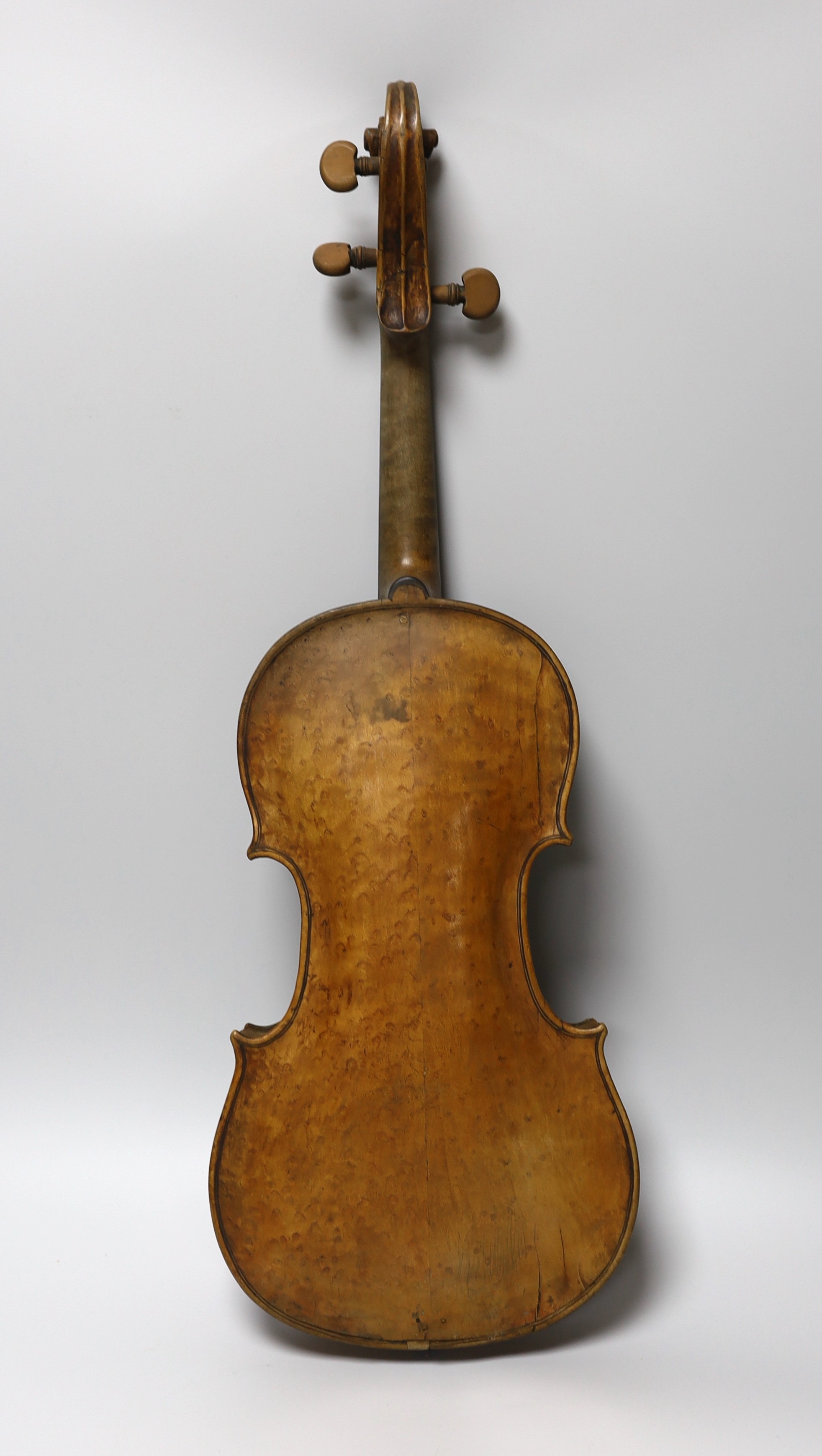 An 18th century German violin labelled Martin Leibmuller Mittenwalde, length of back 14ins, with a Cuniot-Hury Mirecourt bow (cites)